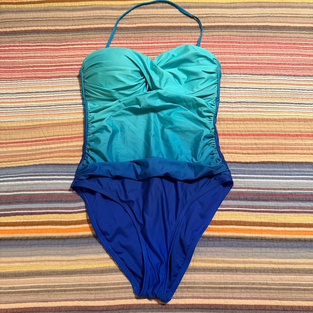 Sonnet Shores Blue Ombre Ruched One Piece Swimsuit Halter Sweetheart Size 12